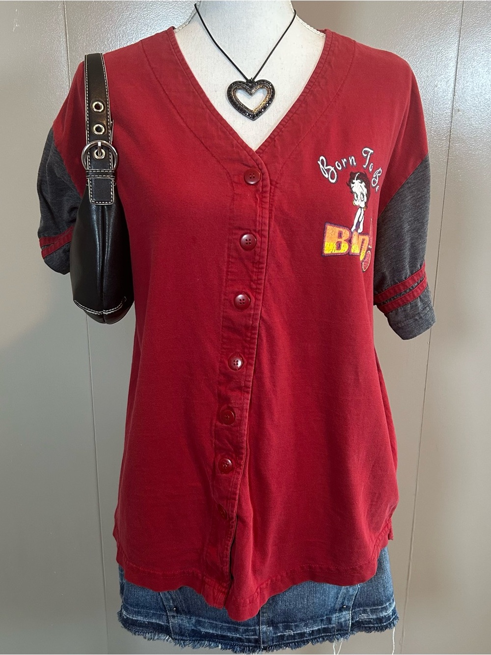 2001 Betty Boop Red Biker Button Up Graphic Baseball Jersey Style Shirt
